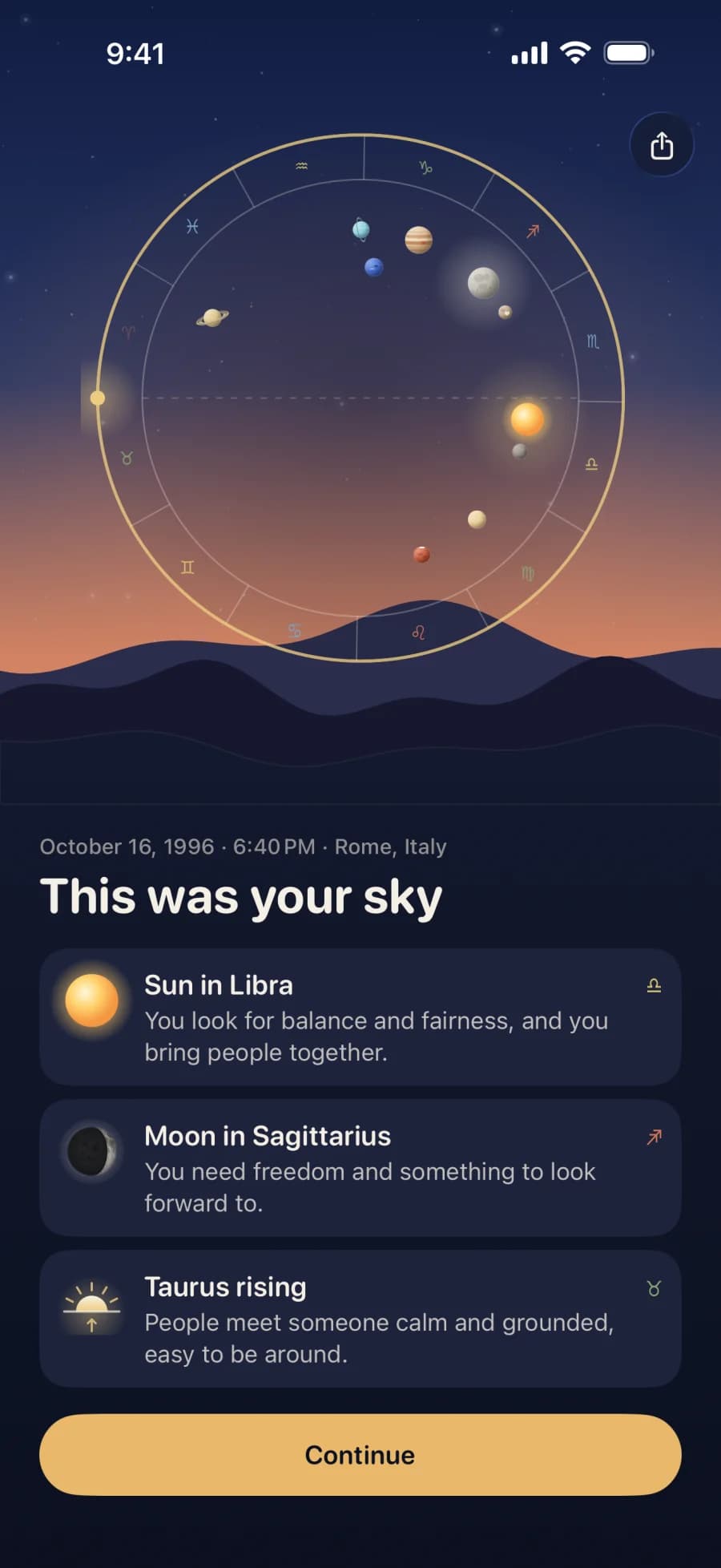 This was your sky: Maya's Sun in Libra, Moon in Sagittarius and Taurus rising, each in a sentence.