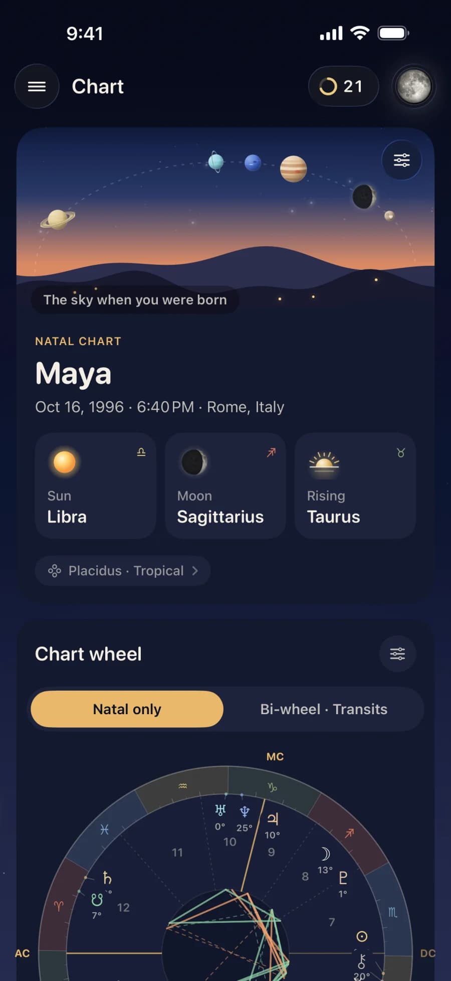 Maya's natal chart in AstroFate: the sky the evening she was born, then her Sun in Libra, Moon in Sagittarius and Taurus rising.