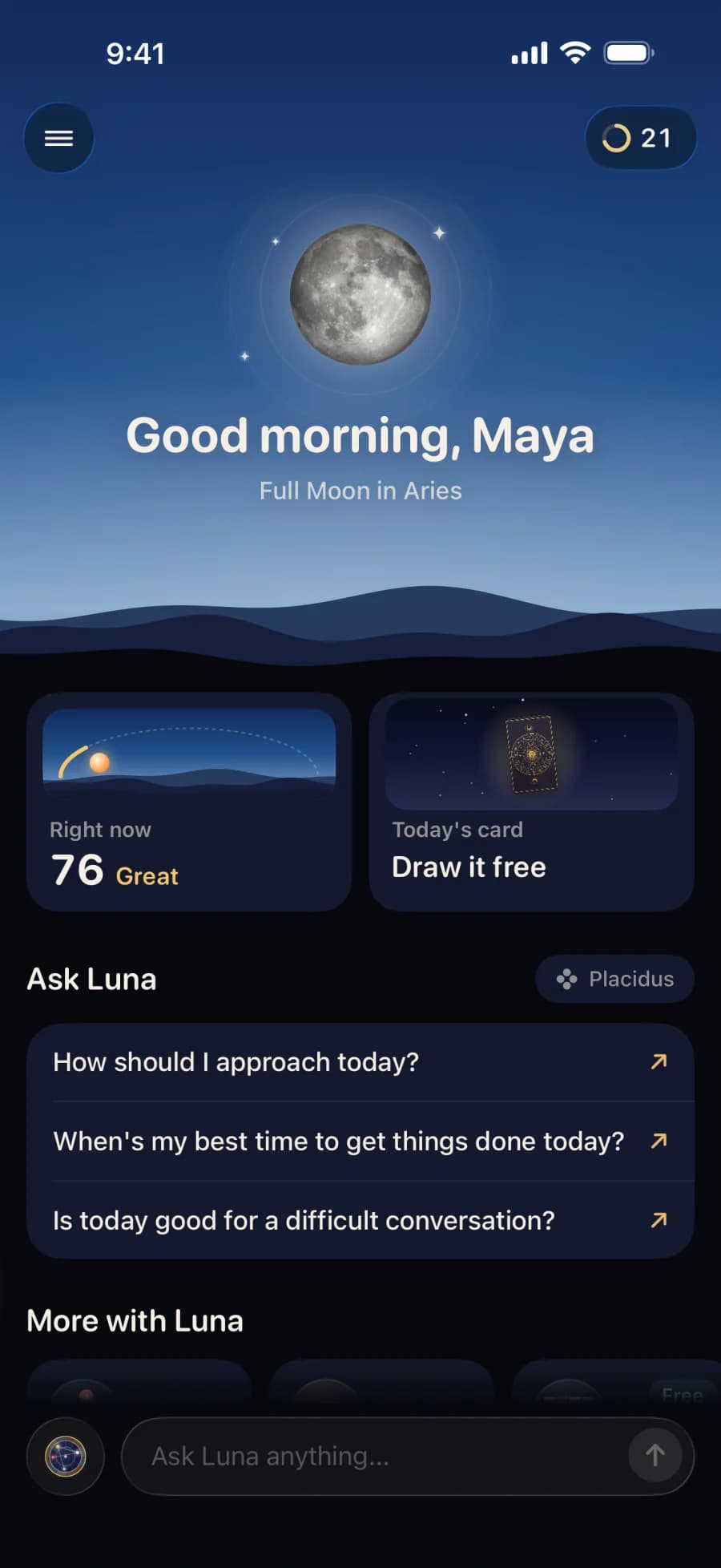 Luna's home in AstroFate: good morning, Maya, under a full moon, with today's score, today's card and questions to ask.
